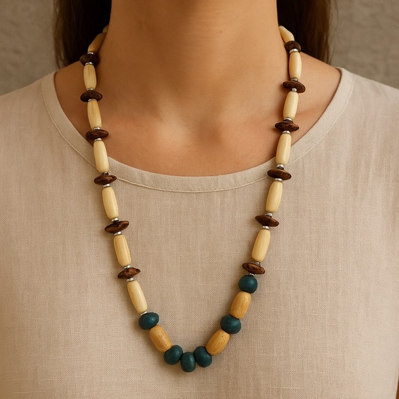 None Jewelry - Natural Beaded Necklace with Earthy Tones 21” long